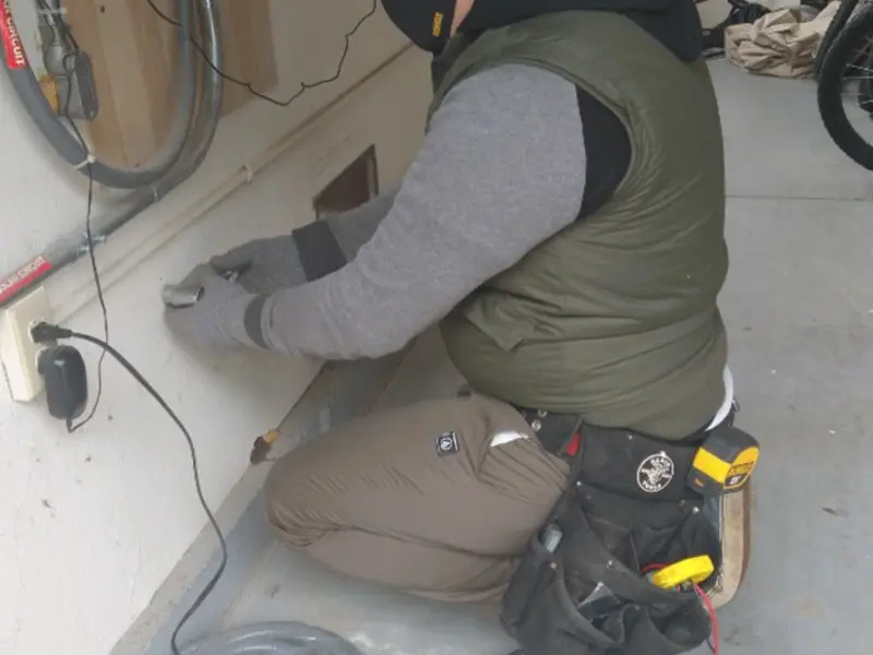 Electrician performing outlet wiring in a De Queen garage